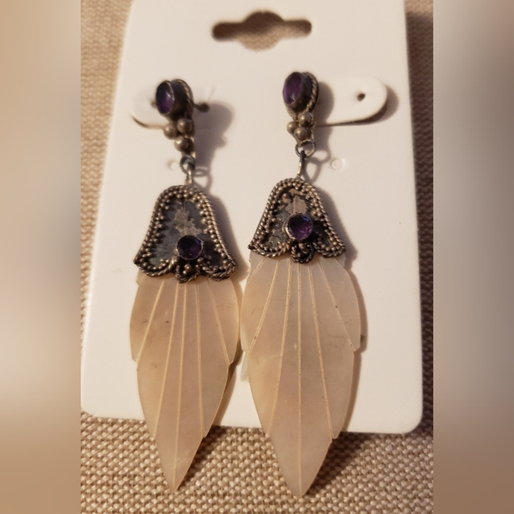 Mother Of Pearl Silver Purple Stone Dangle Vintage Earrings